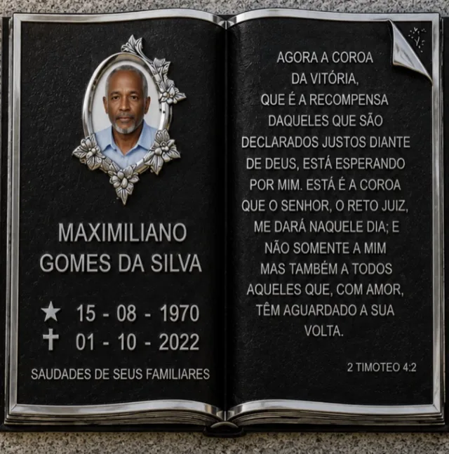 Placa Livro Aberto — exemplo de peça pronta, com nome e datas de demonstração