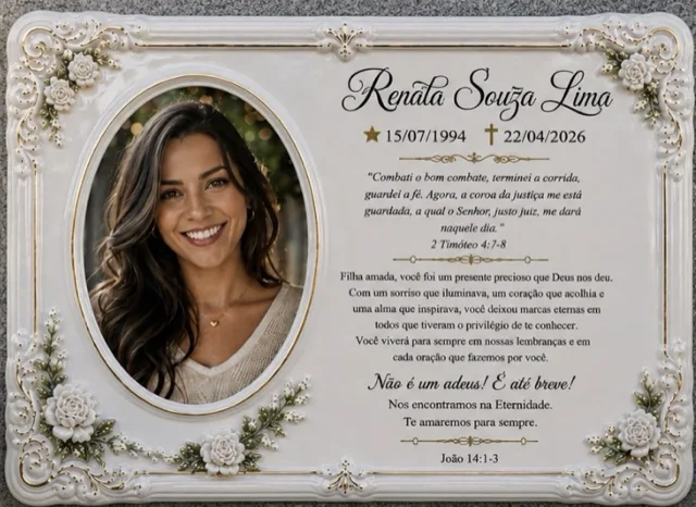 Placa de Porcelana Branca — exemplo de peça pronta, com nome e datas de demonstração